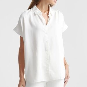 Quince Women's Vintage Wash Tencel Camp Shirt White Sleeved Top L